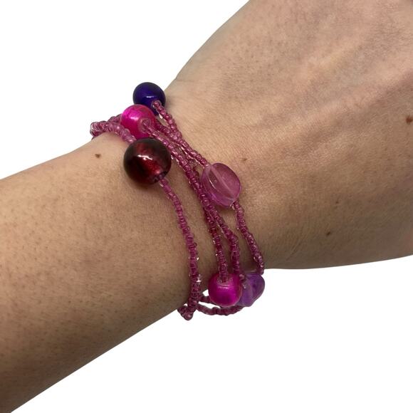 Boho Y2K Stretch Bead Bracelet Set in Shades of Purple & Pink, Multi-Strand - Picture 2 of 5